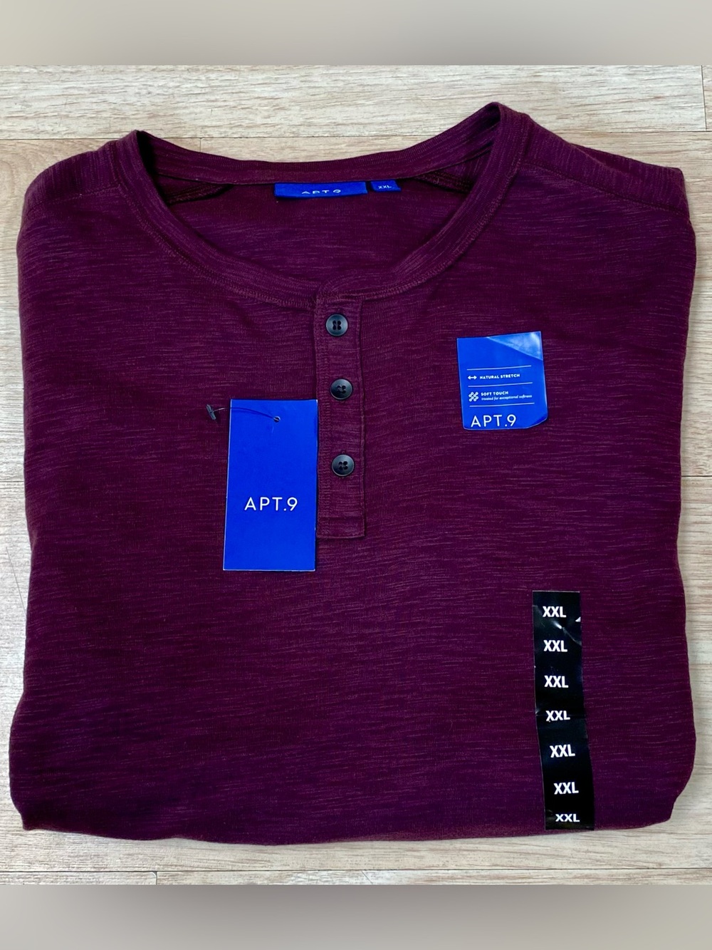 APT.9 Henley Shirt Men’s XXL Burgundy Long Sleeve 3 Button Collarless Soft Touch